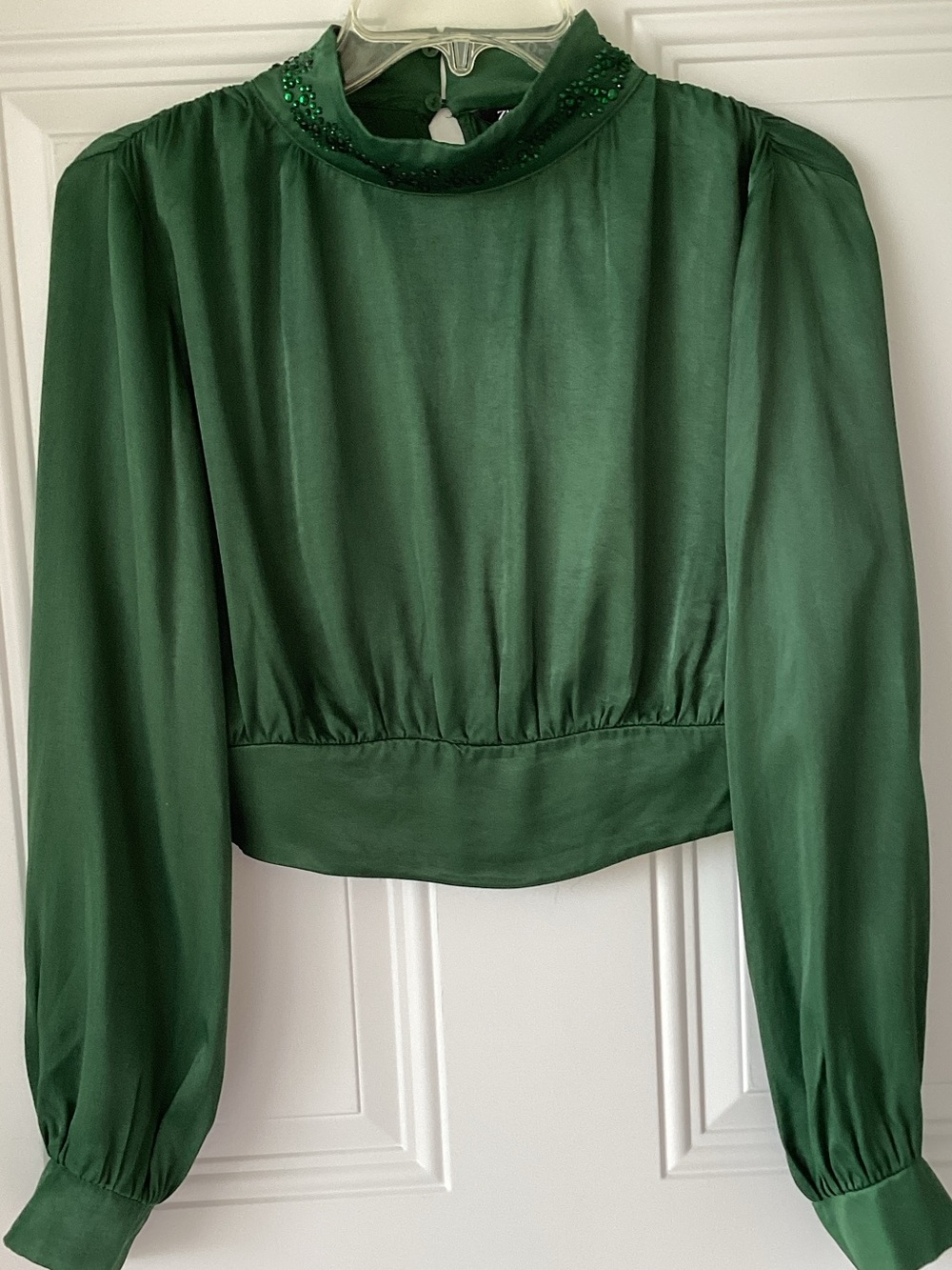 Zara Emerald Green Beaded High-Neck Blouse
